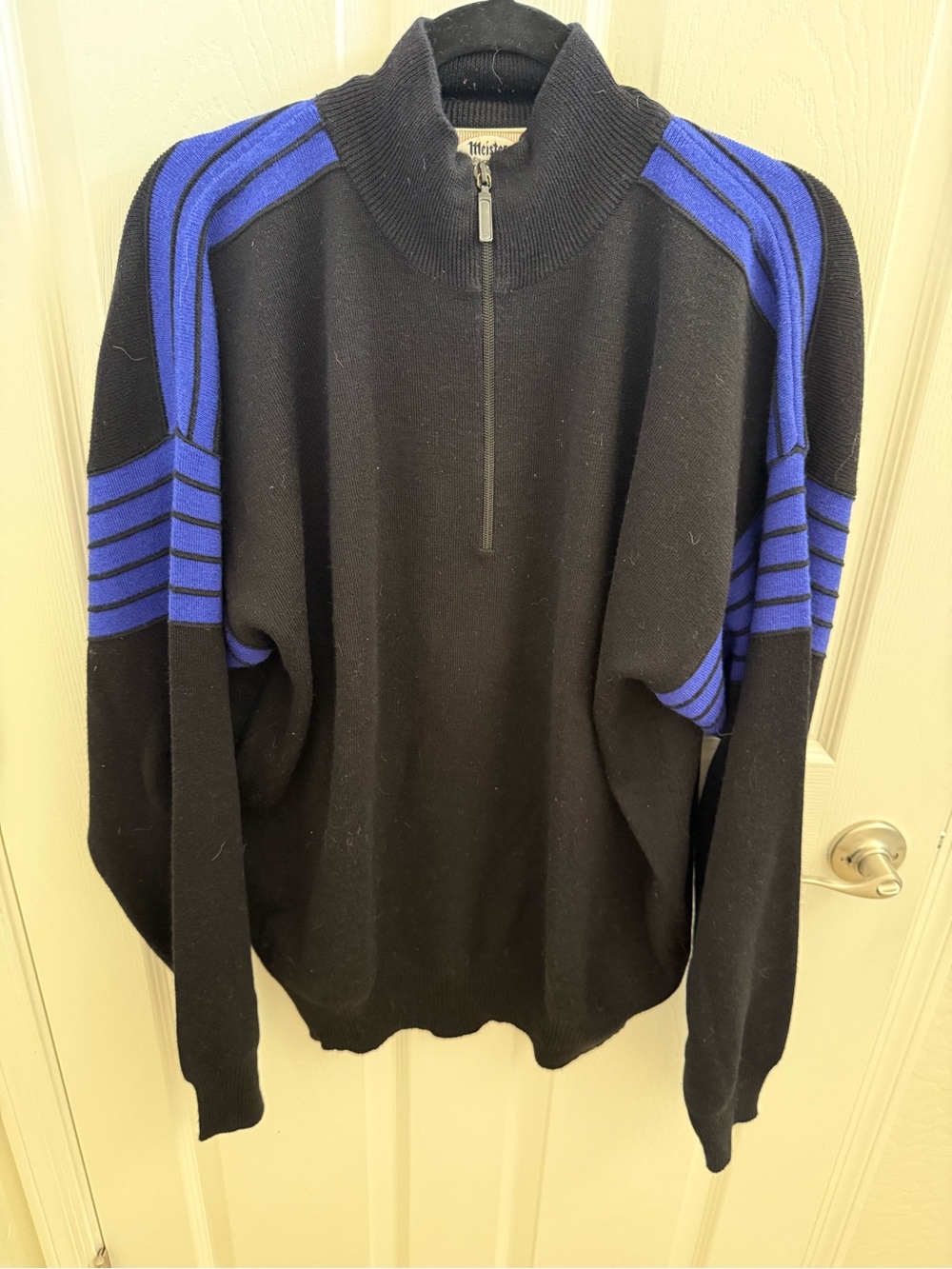 Men's Black Half-Zip Sweater with Royal Blue Shoulder Stripes